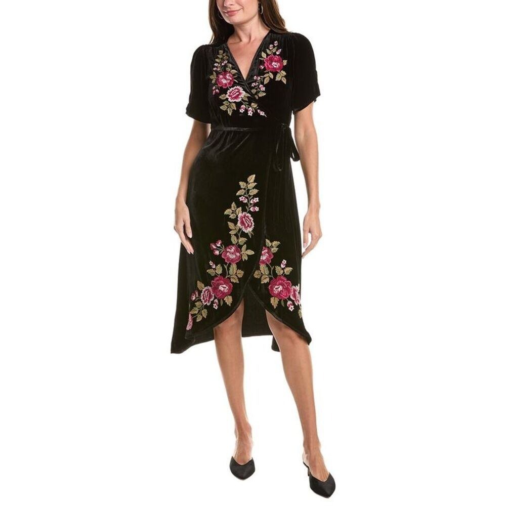 Johnny Was Lilith Black Velvet Wrap Midi Dress Large Embroidered Silk Blend